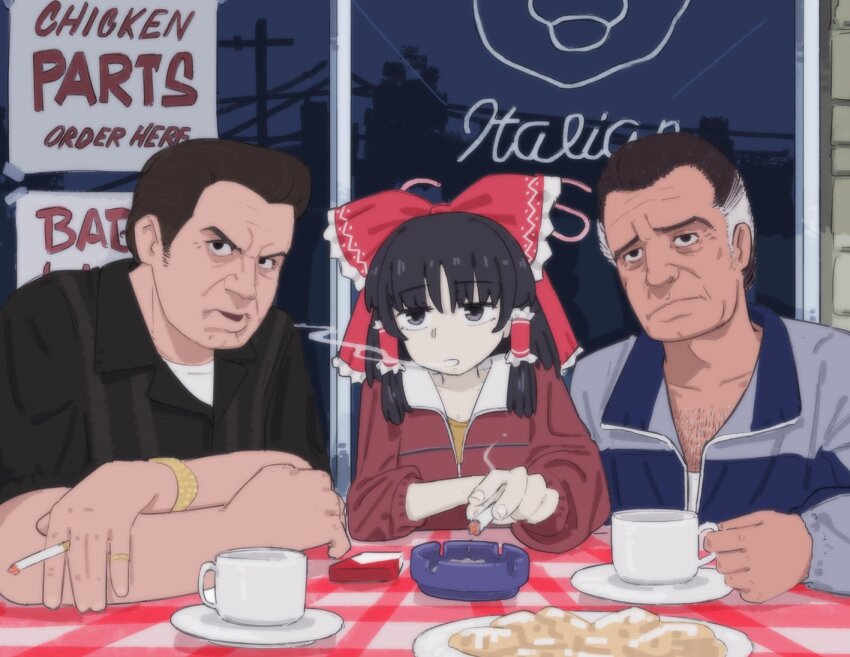 1girl 2boys ashtray black_eyes black_hair black_shirt blue_jacket bow bracelet chest_hair cigarette collarbone crossed_arms cup earrings english_text fubarmoe grey_hair hair_bow hair_tubes hakurei_reimu holding holding_cigarette indoors jacket jewelry medium_hair mug multiple_boys night paulie_gualtieri red_bow red_jacket shirt short_hair silvio_dante smoke table tablecloth the_sopranos touhou very_short_hair white_shirt widow&#039;s_peak