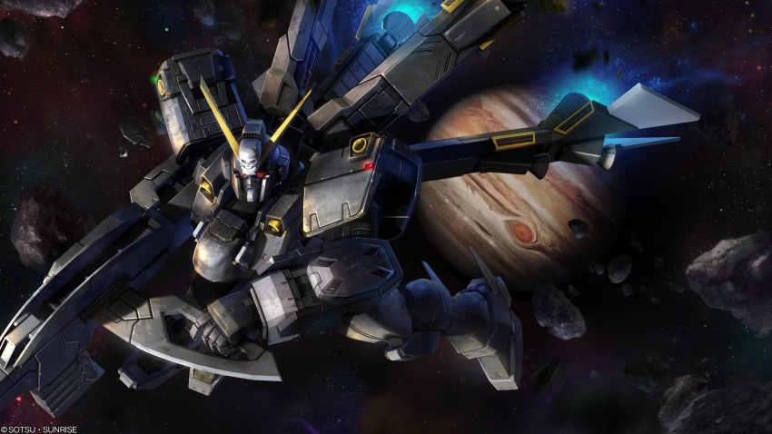 absurdres asteroid beam_cannon copyright_notice crossbone_gundam crossbone_gundam_x-2 crossbone_vanguard debris gundam gundam_battle_operation_2 highres jolly_roger jupiter_(planet) machinery mecha mecha_focus mobile_suit nebula painting_(medium) realistic red_eyes robot scan science_fiction space star_(sky) sunrise_(company) tenjin_hidetaka thrusters traditional_media v-fin zero_gravity