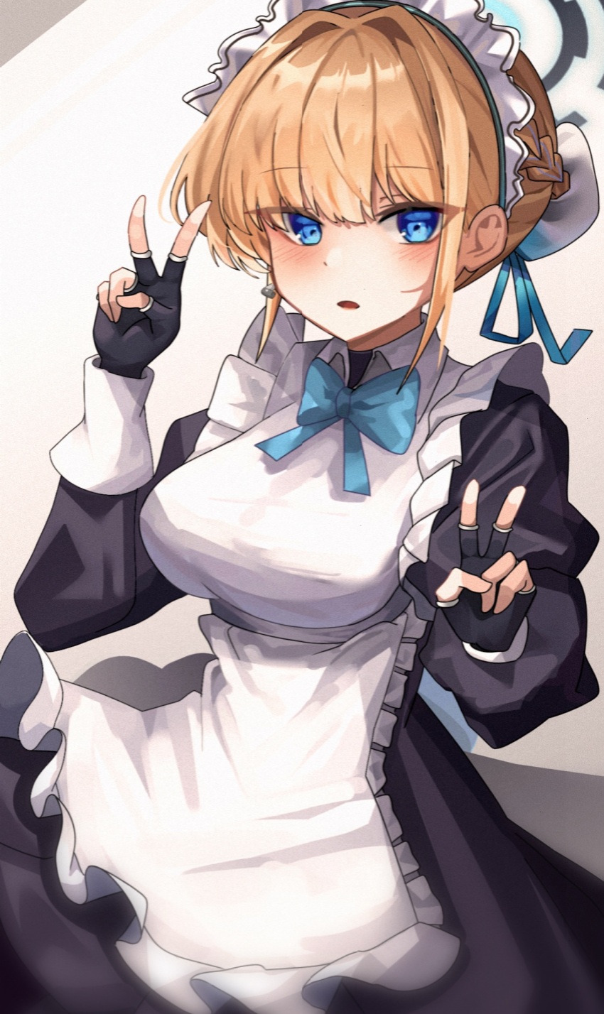 1girl apron black_gloves blonde_hair blue_archive blue_eyes blue_halo blush breasts double_v gloves halo highres large_breasts long_sleeves looking_at_viewer maid maid_apron maid_headdress open_mouth partially_fingerless_gloves poko050498 ribbon solo toki_(blue_archive) v