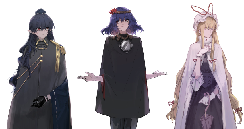 3girls absurdres alternate_costume bags_under_eyes black_gloves blonde_hair blue_hat bow buttons capelet closed_eyes coat collared_coat dress frilled_dress frilled_hat frilled_sleeves frills gloves hair_between_eyes hair_bow hair_ornament hat highres holding holding_umbrella iizunamaru_megumu indis japanese_clothes jewelry leaf leaf_hair_ornament leaf_on_head long_hair long_sleeves looking_up medium_hair military military_coat military_uniform mirror mob_cap multiple_girls necklace pointy_ears purple_dress red_bow red_eyes rope rope_necklace sidelocks simple_background smile smug tengu tokin_hat touhou turtle umbrella wavy_hair white_background white_coat white_gloves white_hat wide_sleeves wristband yakumo_yukari yasaka_kanako