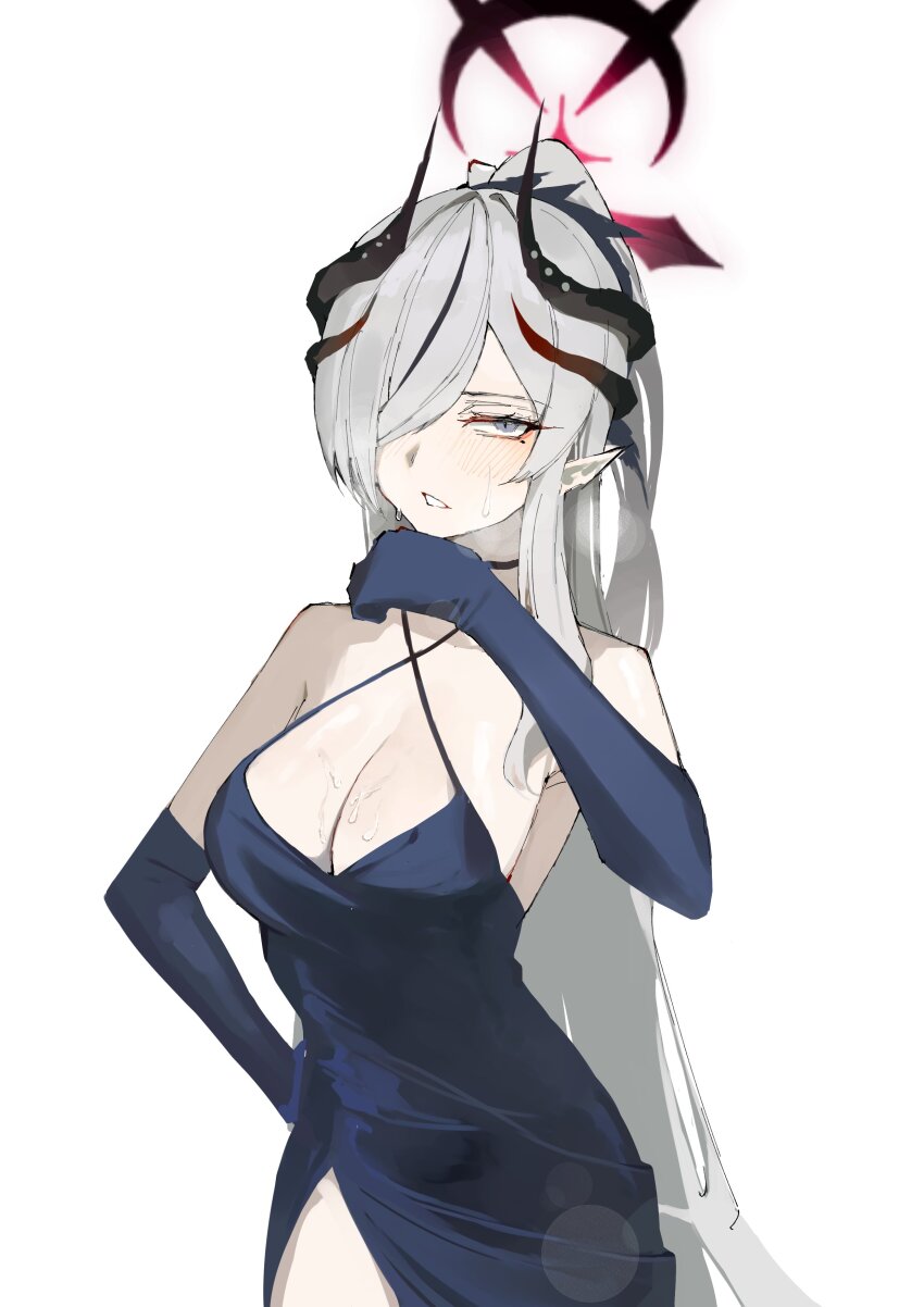 1girl absurdres black_choker blue_archive blue_dress blue_gloves breasts choker cleavage demon_girl demon_horns djan dress elbow_gloves gloves grey_eyes hair_over_one_eye hand_on_own_chin hand_on_own_hip highres horns large_breasts long_hair looking_at_viewer makoto_(blue_archive) makoto_(dress)_(blue_archive) pointy_ears ponytail sidelocks sweatdrop white_hair