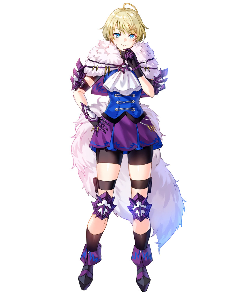 1girl ahoge black_gloves blonde_hair blue_eyes fake_tail fire_emblem fire_emblem_engage fire_emblem_heroes gloves hand_on_own_chin highres knee_guards looking_at_viewer merrin_(fire_emblem) nintendo non-web_source pelt purple_footwear purple_skirt short_hair shorts shorts_under_skirt skirt smile solo tachi-e tail wolf_tail