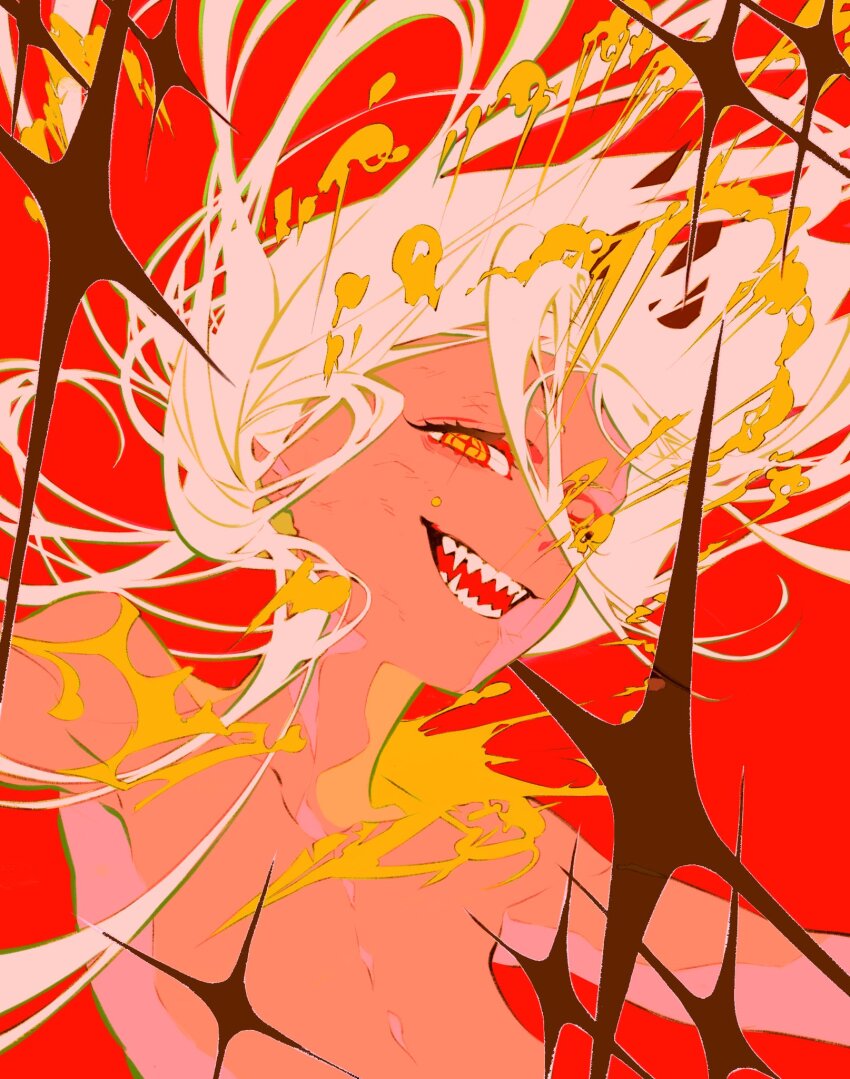 1girl breasts chainsaw_man commentary cross-shaped_pupils highres long_hair looking_at_viewer power_(chainsaw_man) red_background sharp_teeth small_breasts solo symbol-only_commentary symbol-shaped_pupils teeth tuzaixia white_hair