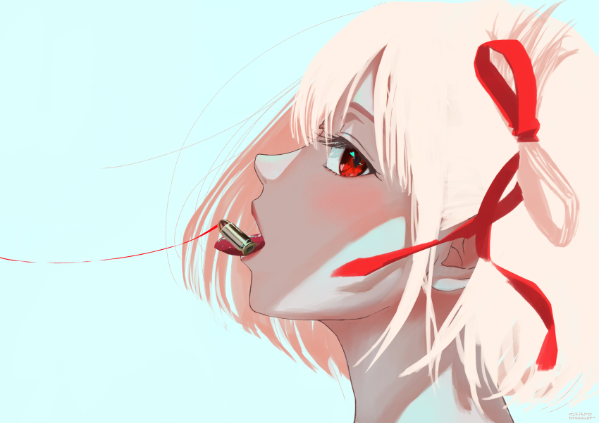 1girl absurdres blonde_hair blue_background bullet bullet_in_mouth chihirokrakauer commentary english_commentary from_side hair_ribbon highres lips looking_at_viewer lycoris_recoil nishikigi_chisato open_mouth portrait profile red_eyes red_ribbon ribbon short_hair signature simple_background solo tongue tongue_out