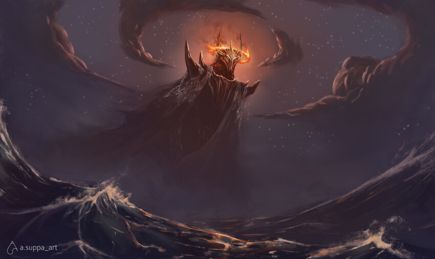 1boy absurdres andrea_suppa armor black_cloak cloak cloud commentary crown dark_clouds divine_being english_commentary fire flaming_halo giant giant_male halo helm helmet highres horns morgoth ocean shoulder_armor shoulder_spikes sky smoke spikes star_(sky) starry_sky storm the_silmarillion tolkien&#039;s_legendarium