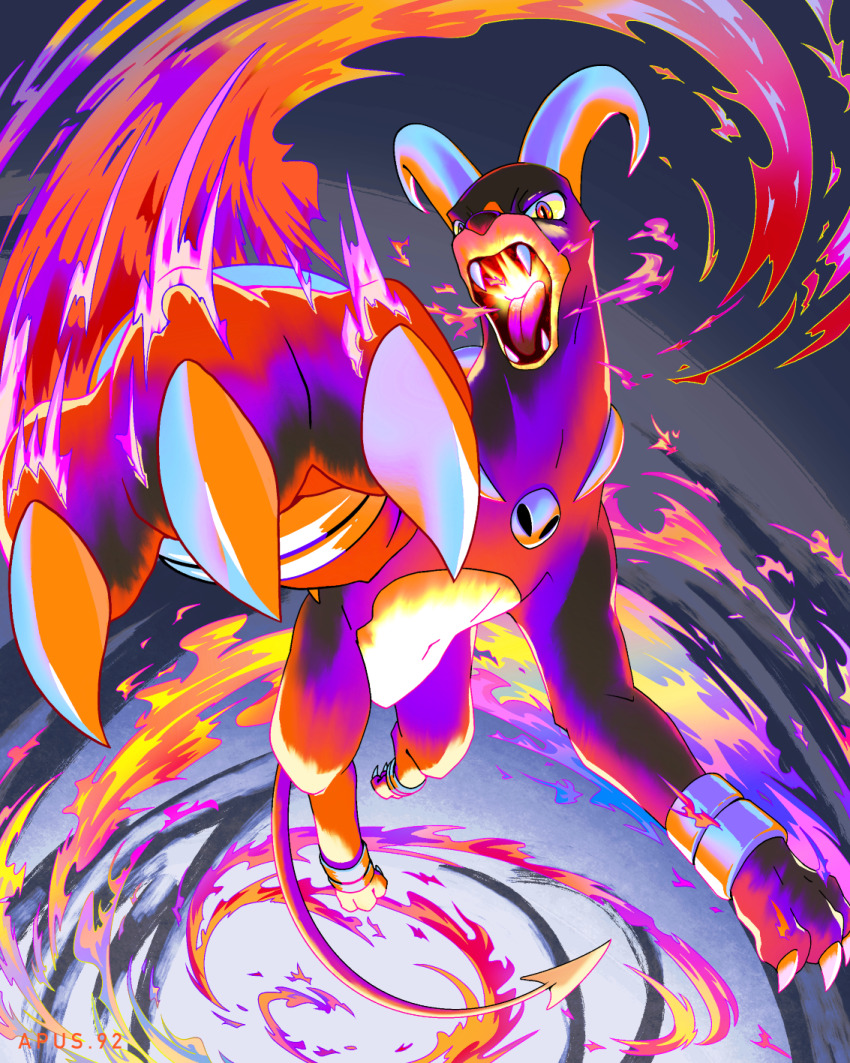 animal_focus apus_92 artist_name breath_weapon breathing_fire claws creatures_(company) demon_horns demon_tail fangs fire fire_spin_(pokemon) full_body game_freak gen_2_pokemon highres horns houndoom nintendo no_humans open_mouth pokemon pokemon_(creature) pokemon_focus pokemon_move solo tail tongue