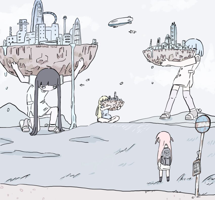 4girls aircraft backpack bag black_hair blonde_hair blue_hair building carrying city dirigible dress giant giantess highres hill kneeling landscape long_hair multiple_girls null_(cim21_o) original outdoors pink_hair road_sign sandals short_dress sign sitting skyscraper standing surreal thighhighs water waterfall white_dress