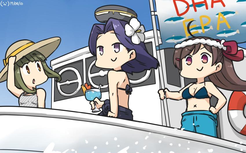 3girls bikini bikini_top_only black_bikini blue_bikini blue_jumpsuit blue_sky boat bob_cut braid brown_eyes brown_hair casual_one-piece_swimsuit commentary_request dated drink flag gradient_sky green_hair grey_one-piece_swimsuit hair_ribbon halo hamu_koutarou hat headband highres jumpsuit kantai_collection long_hair mamiya_(kancolle) mechanical_halo multiple_girls on_boat one-hour_drawing_challenge one-piece_swimsuit purple_eyes purple_hair red_eyes red_ribbon ribbon riding sarong short_hair short_hair_with_long_locks sidelocks sky sun_hat swimsuit takanami_(kancolle) takanami_(swimsuit)_(kancolle) tatsuta_(kancolle) tatsuta_(swimsuit)_(kancolle) watercraft x_navel