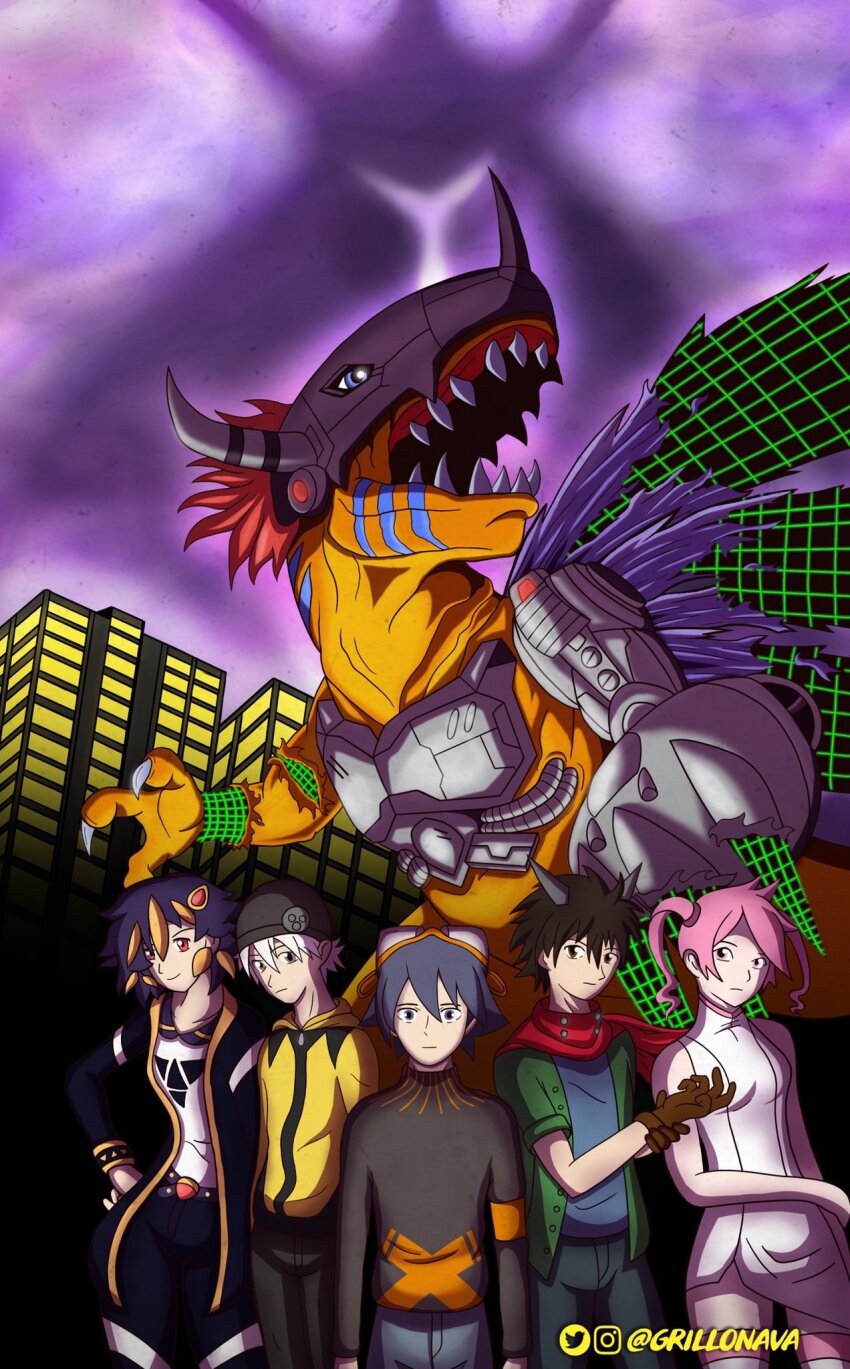 alphamon cosplay digimon digimon_adventure_(movie) hair_ornament hairpin highres mameo_(digimon) mameo_(digimon)_(cosplay) metalgreymon original personification pink_eyes pink_hair rindou_akiho short_hair taiga_(digimon) twintails
