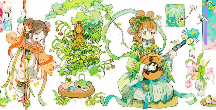 2girls absurdres blush bow bracelet brown_hair chinese_clothes closed_mouth cup flower food full_body green_bow green_eyes green_hanfu hair_flower hair_ornament hair_stick hanfu highres holding holding_instrument instrument jade_(gemstone) jade_bracelet jewelry leaf long_hair long_sleeves looking_afar looking_ahead looking_down multiple_girls music orange_flower original pants pink_flower plate playing_instrument purple_flower putong_xiao_gou simple_background sitting smile statue sweets table teacup teapot vase white_background white_flower white_pants