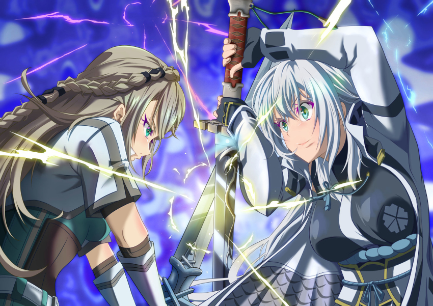 2girls battle belt black_gloves blonde_hair braid breasts clash clenched_teeth crown_braid duel eiyuu_densetsu elaine_auclair elbow_gloves eyebrows eyelashes falcom female_focus fight fingerless_gloves gloves green_eyes grey_hair hair_between_eyes hair_ornament japanese_clothes katana kimono kuro_no_kiseki_(series) kuro_no_kiseki_i large_breasts light_particles long_hair looking_at_another multiple_girls obi obijime parted_lips profile rope_belt sash shizuna_rem_misurugi sparks sword teeth weapon