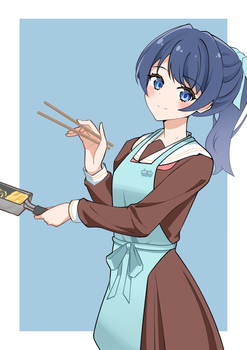 1girl absurdres aqua_apron aqua_ribbon blue_eyes blue_hair blush border chopsticks closed_mouth commentary_request corocoro567 dress food hasu_no_sora_school_uniform highres holding holding_chopsticks link!_like!_love_live! long_sleeves love_live! makiyakinabe medium_hair mole mole_on_neck murano_sayaka neckerchief omelet ponytail red_neckerchief ribbon sailor_collar school_uniform smile solo tamagoyaki virtual_youtuber white_border winter_uniform