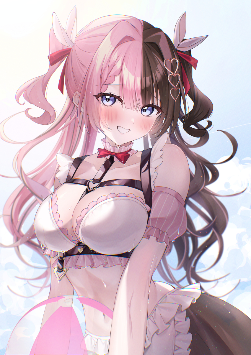 1girl absurdres apron ball beachball between_breasts bikini bikini_top_only black_hair black_skirt blue_eyes blush braid braided_bangs breasts brown_nails chest_harness commentary_request detached_sleeves frilled_apron frills grin hair_ornament hair_ribbon harness heart heart_hair_ornament heart_o-ring highres holding holding_ball holding_beachball large_breasts long_hair looking_at_viewer midriff multicolored_hair navel neko_neneko o-ring o-ring_harness pink_hair pink_sleeves puffy_detached_sleeves puffy_short_sleeves puffy_sleeves ribbon short_sleeves skirt smile solo split-color_hair strap_between_breasts swimsuit tachibana_hinano tachibana_hinano_(vspo!_summer_2024) two-tone_hair two_side_up virtual_youtuber vspo! waist_apron white_bikini