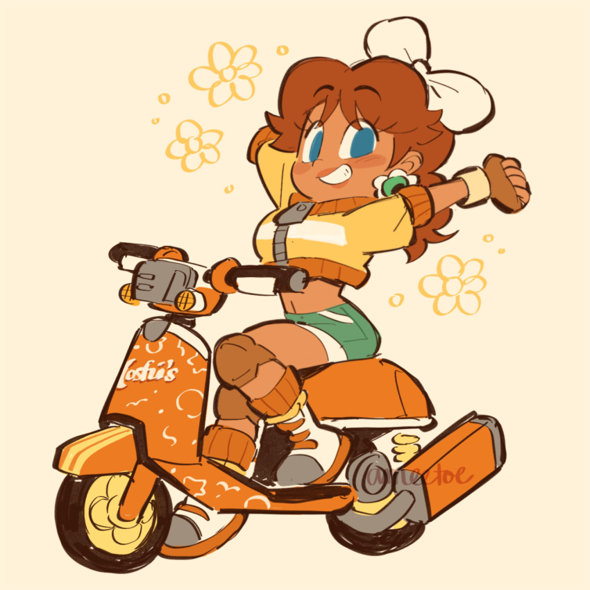 1girl amie_sanchez aqua_shorts blue_eyes bow brown_hair commentary cropped_jacket cute_scoot deformed earrings english_commentary grin hair_bow highres jacket jewelry knee_pads looking_at_viewer mario_(series) mario_kart mario_kart_world medium_hair midriff motor_vehicle nintendo official_alternate_costume on_scooter orange_socks princess_daisy princess_daisy_(touring) scooter shoes shorts simple_background sitting smile socks solo stretching yellow_jacket