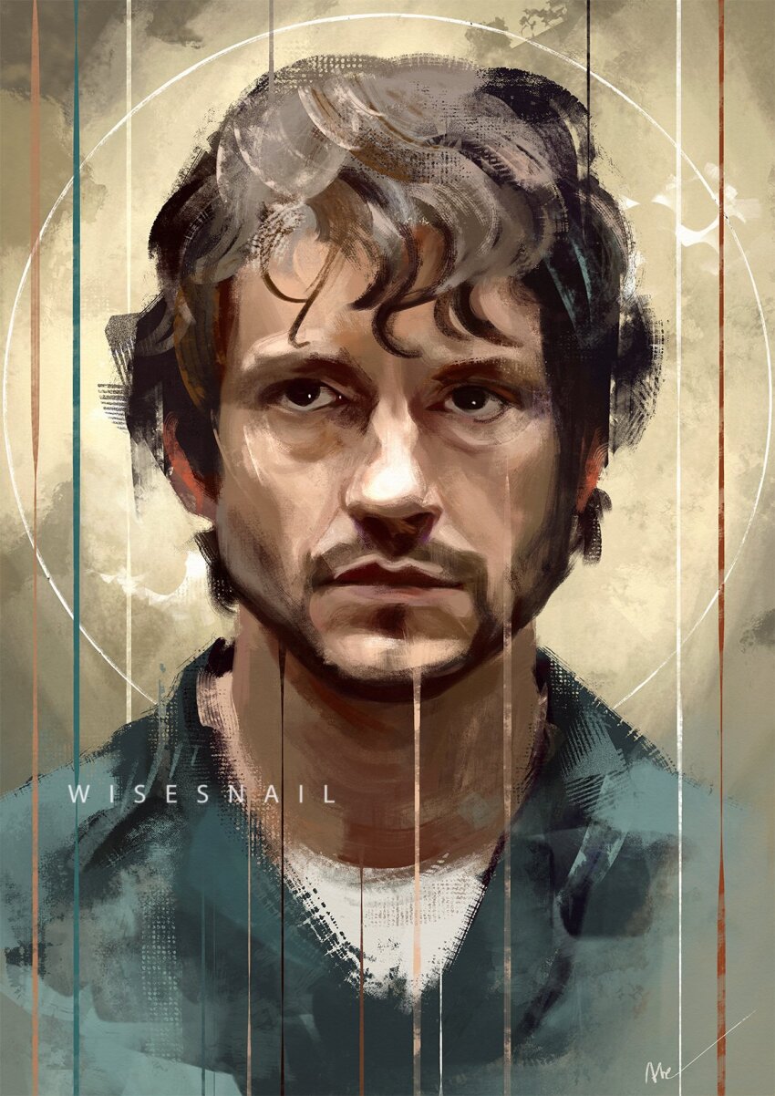 1boy artist_name beard_stubble brown_eyes facial_hair hannibal_(tv_series) highres male_focus messy_hair mustache_stubble shirt signature solo stubble will_graham wisesnailart