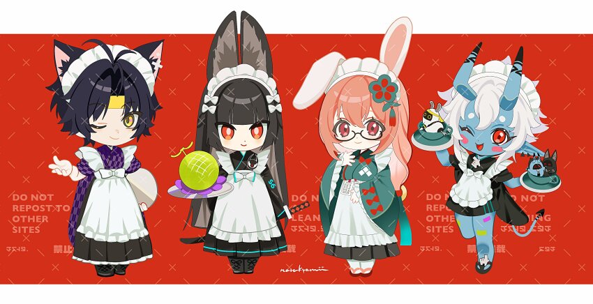 1boy 3girls absurdres animal_ear_fluff animal_ears apron asaba_harumasa bandaid bandaid_on_leg black_dress black_hair blue_horns blue_oni blue_skin blue_tail blush bow closed_mouth colored_skin crossdressing crossdressing_(mtf) dress ear_piercing fake_animal_ears flower_hairpin food fox_ears fox_girl fruit glasses green_dress hair_between_horns hair_bow headband highres holding holding_plate horns hoshimi_miyabi katana long_hair looking_at_viewer maid maid_apron maid_headdress male_maid melon multicolored_horns multiple_girls naru9 one_eye_closed oni open_mouth piercing pink_hair plate pointy_ears rabbit_ears red_background red_bow red_eyes short_hair skin-covered_horns smile soukaku_(zenless_zone_zero) standing standing_on_one_leg sword tsukishiro_yanagi two-tone_horns two-tone_tail weapon weapon_on_back white_bow white_hair yellow_eyes yellow_headband zenless_zone_zero