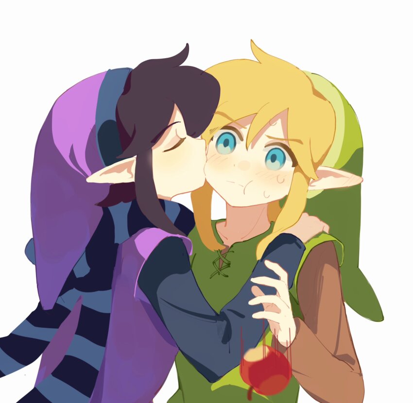 2boys androgynous apple biting biting_cheek black_hair blonde_hair blue_scarf blue_sleeves brown_sleeves closed_eyes commentary_request dropped_food food fruit green_hat hat highres link male_focus mmmaki_0 multiple_boys nervous_sweating nintendo pointy_ears purple_hat purple_tunic ravio scarf selfcest short_hair_with_long_locks simple_background striped_clothes striped_scarf sweat the_legend_of_zelda the_legend_of_zelda:_a_link_between_worlds trap_on_trap tunic uncomfortable upper_body white_background yaoi