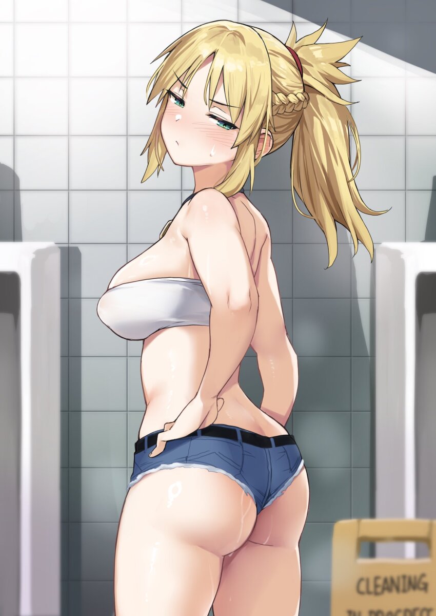 1girl ass bathroom blonde_hair blue_shorts blush braid breasts cutoffs denim denim_shorts fate/apocrypha fate/grand_order fate_(series) green_eyes hair_ornament hair_scrunchie half_up_braid hands_on_own_hips highres knights_of_the_round_table_(fate) large_breasts mordred_(fate) ponytail red_scrunchie scrunchie short_shorts shorts solo suggestive_fluid sweatdrop try_(lsc)