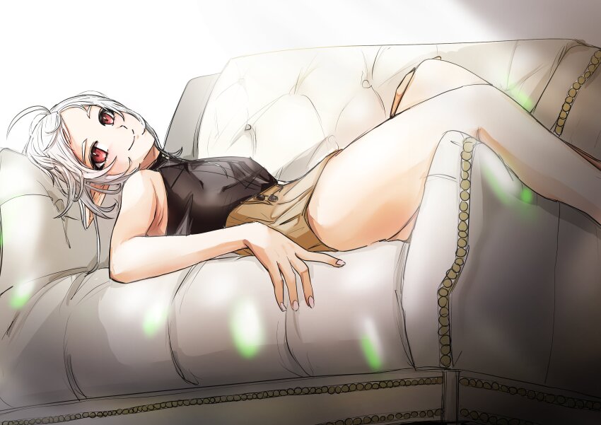 1girl absurdres bare_shoulders black_shirt brown_shorts closed_mouth commentary couch elf ell_ura english_commentary feet_out_of_frame highres looking_at_viewer lying mushoku_tensei on_back on_couch pointy_ears red_eyes shirt short_hair shorts sleeveless sleeveless_shirt smile sylphiette_(mushoku_tensei) thighs white_hair