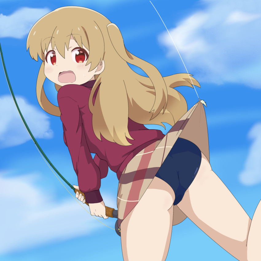 1girl absurdres accidental_exposure ass blonde_hair clothes_lift day fishing_rod gobanme_no_mayoi_neko highres long_hair minagi_koharu orange_eyes outdoors skirt skirt_lift sky slow_loop solo swimsuit swimsuit_under_clothes two_side_up