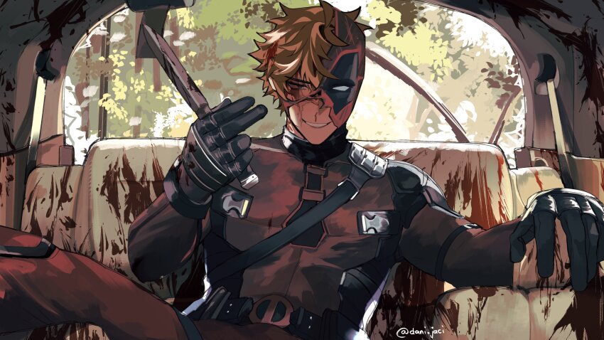 1boy absurdres black_gloves blood car car_interior cosplay crossover danijaci301 deadpool deadpool_&amp;_wolverine deadpool_(cosplay) deadpool_(series) evil_smile genshin_impact gloves grin hair_between_eyes highres holding holding_knife knife marvel marvel_cinematic_universe mask motor_vehicle orange_hair red_mask seatbelt smile solo superhero_costume tartaglia_(genshin_impact) torn_mask tree twitter_username two-tone_bodysuit upper_body