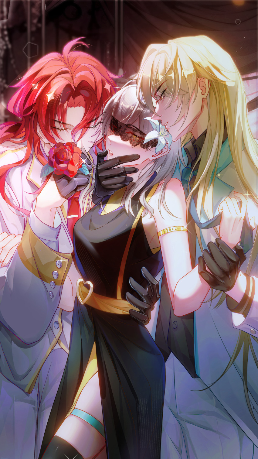 1girl 2boys absurdres argenti_(honkai:_star_rail) black_dress black_gloves black_thighhighs blindfold blonde_hair closed_eyes dress flower gloves grey_hair hair_between_eyes hair_flower hair_ornament highres honkai:_star_rail honkai_(series) jacket long_hair long_sleeves luocha_(honkai:_star_rail) multiple_boys red_hair shenjudongmandabanban stelle_(honkai:_star_rail) teeth thighhighs trailblazer_(honkai:_star_rail) white_jacket yellow_eyes