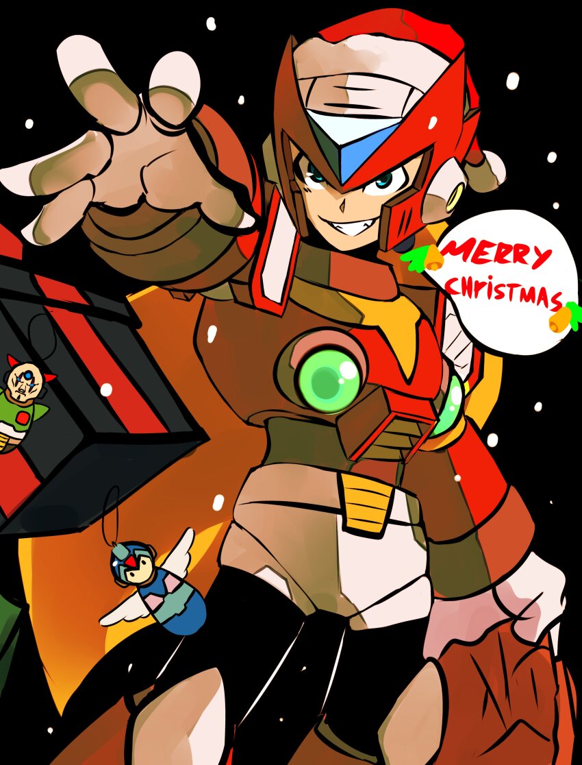 1boy absurdres android armor black_background blonde_hair box chest_jewel christmas commentary cowboy_shot danyhu16 english_commentary forehead_jewel gift gift_box hat helmet highres long_hair male_focus mega_man_(series) mega_man_x_(series) merry_christmas red_armor red_hat red_helmet santa_hat sigma_(mega_man) simple_background solo_focus x_(mega_man) zero_(mega_man)