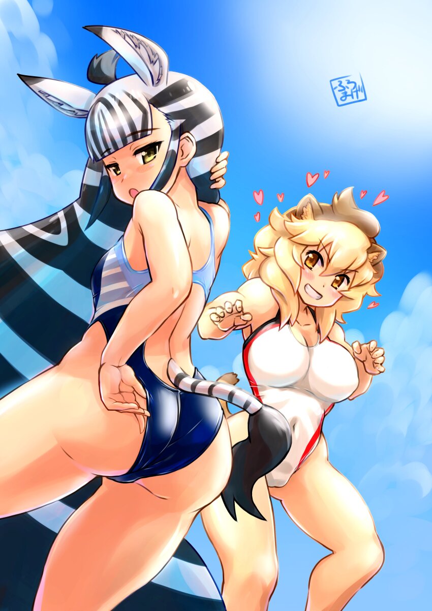 2girls absurdres adjusting_clothes adjusting_swimsuit alternate_costume animal_ears bare_legs bare_shoulders black_hair blue_one-piece_swimsuit blunt_bangs blush brown_hair competition_swimsuit extra_ears heart highres kemono_friends lion_(kemono_friends) lion_ears lion_girl lion_tail long_hair multicolored_hair multicolored_swimsuit multiple_girls navel one-piece_swimsuit orange_eyes pariparifromage plains_zebra_(kemono_friends) short_hair sidelocks smile swimsuit tail two-tone_hair white_hair white_one-piece_swimsuit yellow_eyes zebra_ears zebra_girl zebra_tail