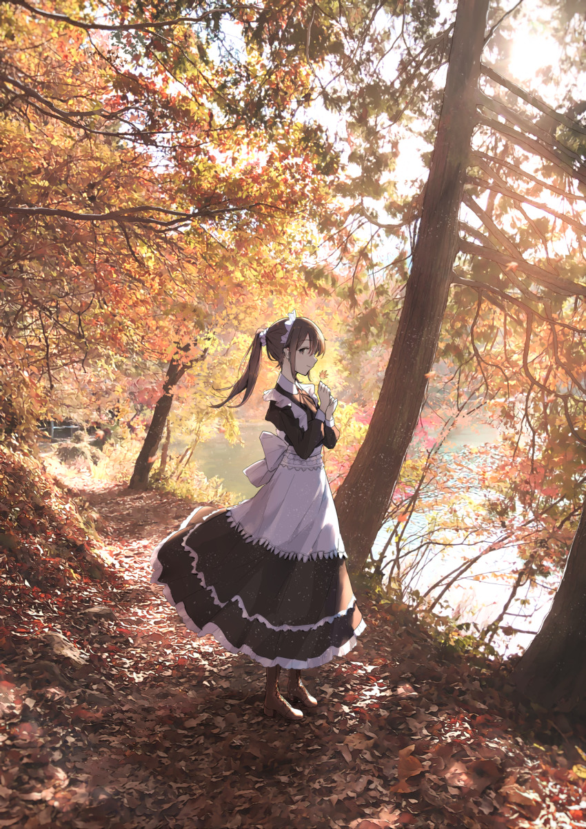 1girl anyotete autumn autumn_leaves boots dress forest full_body hair_ornament hair_scrunchie high_heel_boots high_heels highres holding holding_leaf lace-up_boots layered_dress leaf leather leather_boots light_smile looking_at_viewer maid maid_headdress maple_leaf nature original outdoors photo_background pinafore_dress ponytail profile scenery scrunchie sleeveless sleeveless_dress solo sunlight tree two-tone_dress
