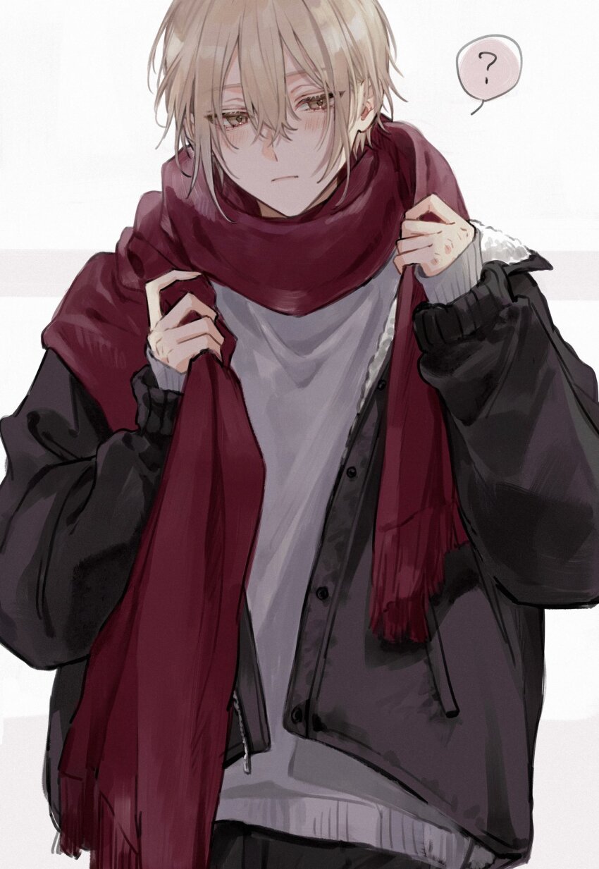 1boy ? black_jacket black_pants blonde_hair blush closed_mouth grey_sweater hair_between_eyes highres jacket long_scarf looking_to_the_side male_focus original pants red_scarf scarf short_hair simple_background solo sweater upper_body yukito_shii