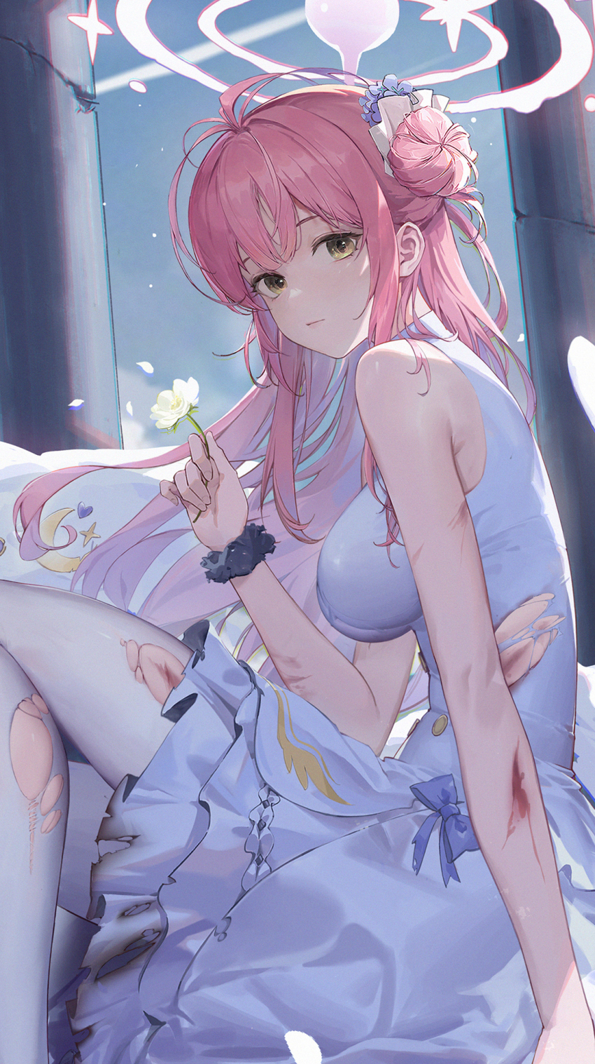 1girl blood blue_archive bow breasts closed_mouth commission cuts dress flower from_side hair_bun hair_ornament halo highres holding holding_flower injury large_breasts lcw961904412 long_hair looking_at_viewer mika_(blue_archive) pantyhose pillar pink_hair scrunchie single_side_bun sitting sleeveless sleeveless_dress solo torn_clothes torn_pantyhose white_dress white_pantyhose wings wrist_scrunchie yellow_eyes