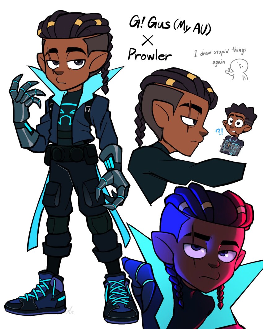 2boys black_hair bodysuit cosplay crossover dark-skinned_male dark_skin english_text gus_porter highres hood looking_at_viewer marvel miles_g._morales mocatbj4 multiple_boys pointy_ears prowler_(marvel) scar scar_across_eye scar_on_face sneezing spider-man spider-man:_across_the_spider-verse spider-man_(cosplay) spider-man_(miles_morales) spider-man_(series) spider-verse spider_web_print superhero_costume the_owl_house