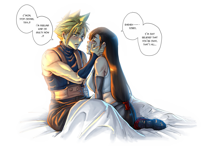 1boy 1girl aarokira absurdres black_hair blanket blonde_hair blue_eyes cloud_strife couple crying english_text final_fantasy final_fantasy_vii happy hetero highres on_bed sitting speech_bubble tank_top tears tifa_lockhart white_tank_top wiping_tears
