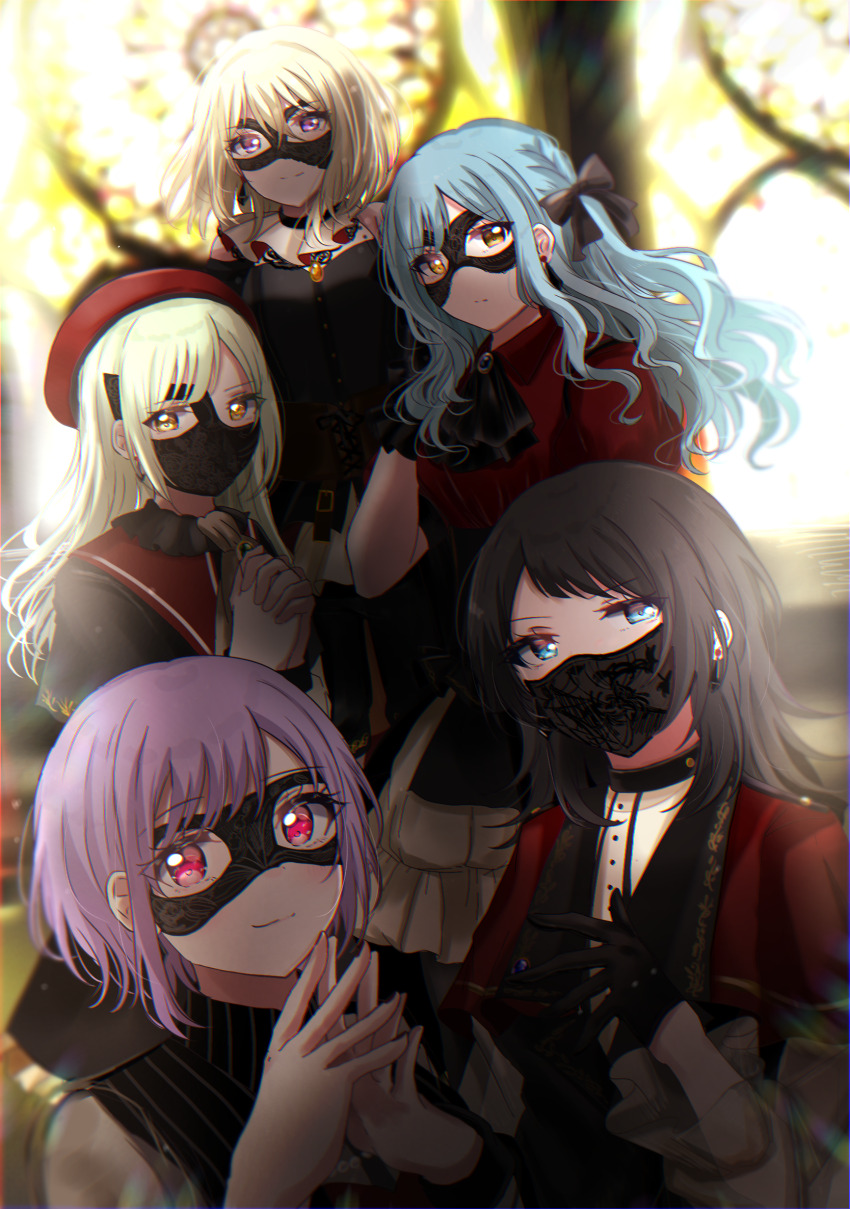 5girls amoris_(bang_dream!) asahi_rise ascot ave_mujica_(bang_dream!) bang_dream! bang_dream!_it&#039;s_mygo!!!!! beret black_ascot black_gloves black_hair black_mask black_nails blonde_hair blue_eyes blue_hair capelet clothing_cutout commentary_request corrupted_twitter_file doloris_(bang_dream!) earrings gloves green_hair hair_intakes hat highres jewelry long_hair looking_at_viewer mask masquerade_mask medium_hair misumi_uika mortis_(bang_dream!) mortis_(costume)_(bang_dream!) mouth_mask multiple_girls nail_polish oblivionis_(bang_dream!) own_hands_clasped own_hands_together puffy_short_sleeves puffy_sleeves purple_eyes purple_hair red_capelet red_eyes red_hat red_shirt shirt short_hair short_sleeves shoulder_cutout sidelocks steepled_fingers timoris_(bang_dream!) togawa_sakiko wakaba_mutsumi white_shirt yahata_umiri yellow_brooch yellow_eyes yuutenji_nyamu