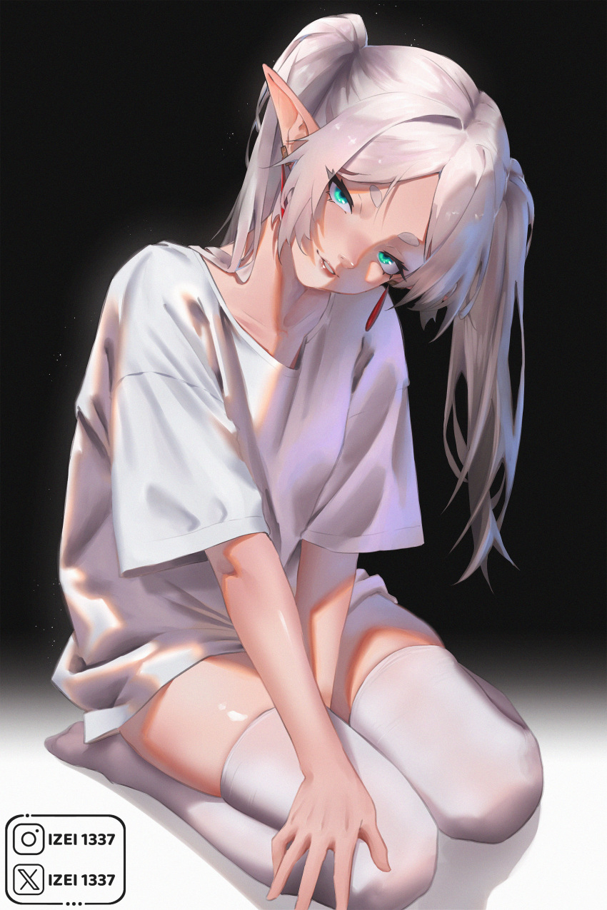 1girl absurdres aqua_eyes artist_name black_background collarbone earrings elf female_focus frieren highres instagram_username izei1337 jewelry lips long_hair looking_at_viewer parted_lips pointy_ears shiny_skin shirt simple_background sousou_no_frieren thighhighs thighs twintails twitter_username white_hair white_shirt white_thighhighs