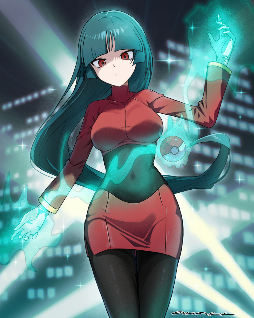 1girl black_bodysuit blurry blurry_background bodysuit bodysuit_under_clothes breasts building closed_mouth commentary_request covered_navel cowboy_shot floating_hair frown gloves green_hair hand_up highres jacket long_hair long_sleeves looking_down nintendo noinoshi poke_ball poke_ball_(basic) pokemon pokemon_frlg psychic red_eyes red_jacket red_skirt sabrina_(pokemon) side_slit skirt solo sparkle telekinesis very_long_hair white_gloves