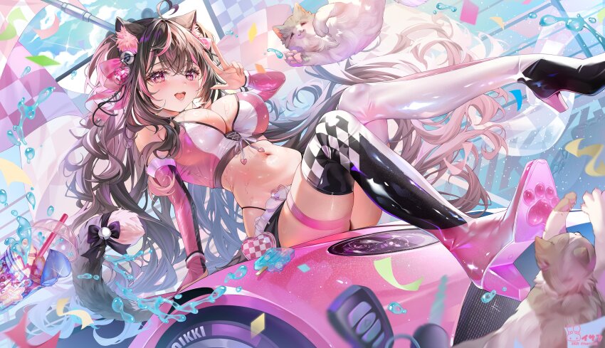 1girl absurdres ahoge animal_ear_fluff animal_ears bell belt black_boots black_bow black_hair black_skirt boots bow breasts car cat cat_ears cat_girl cat_tail checkered_flag commission detached_sleeves flag hair_bell hair_ornament heart heart_ahoge high_heel_boots high_heels highres indie_virtual_youtuber isari_sensei long_hair motor_vehicle multicolored_boots multicolored_hair navel nikkinyami_(vtuber) on_car open_mouth pink_boots pink_hair pink_sleeves purple_eyes race_queen sitting skirt solo stomach streaked_hair tail tail_bell tail_bow tail_ornament thigh_strap virtual_youtuber white_belt white_boots white_hair