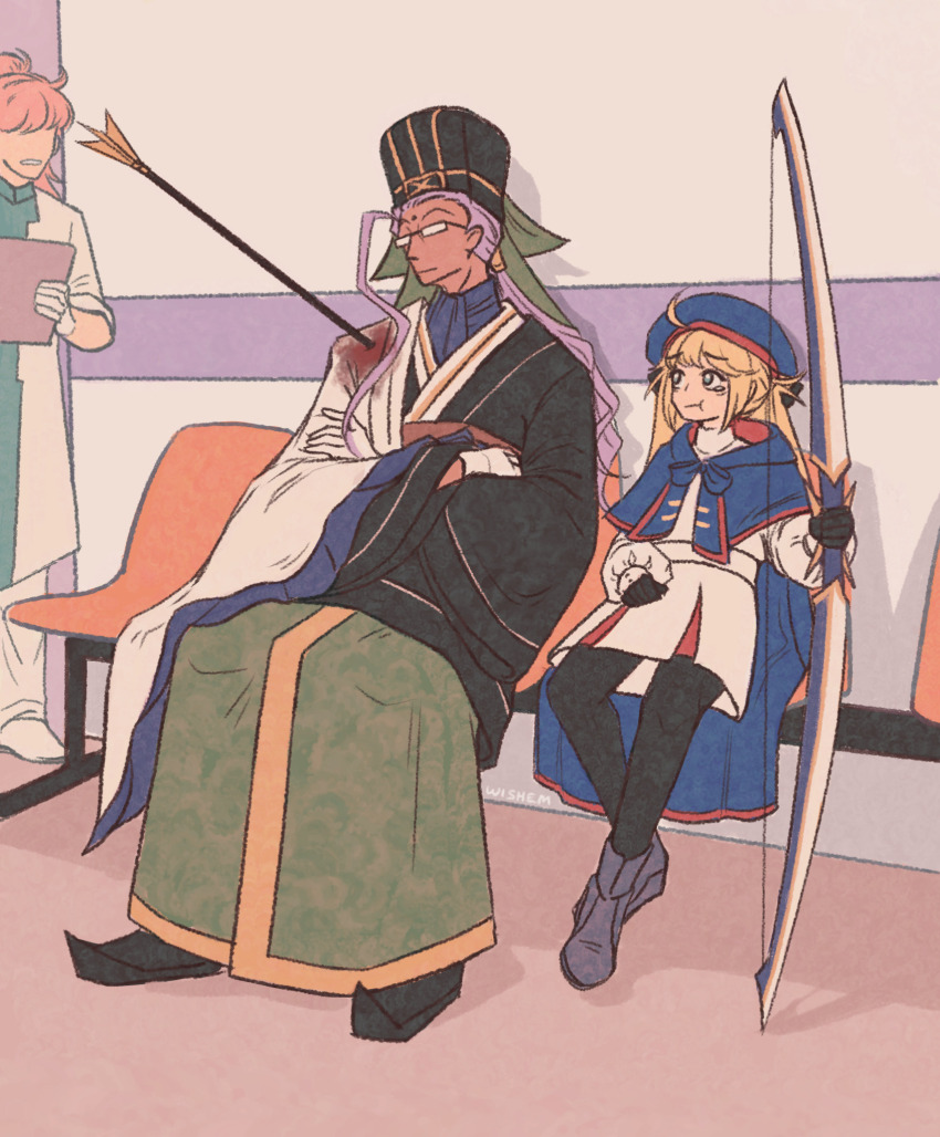 1girl 2boys ahoge arrow_(projectile) arrow_in_body artoria_caster_(fate) artoria_caster_(second_ascension)_(fate) artoria_pendragon_(fate) black_gloves black_pantyhose blonde_hair blood blue_cape blue_hat bow_(weapon) cape chen_gong_(fate) chinese_clothes clipboard commentary crossed_arms dark-skinned_male dark_skin dress english_commentary faceless faceless_male facial_mark fate/grand_order fate_(series) father_shot_by_son_(meme) forehead_mark glasses gloves hat highres holding holding_bow_(weapon) holding_clipboard holding_weapon lab_coat long_hair long_sleeves meme multiple_boys opaque_glasses orange_hair pantyhose ponytail puffy_long_sleeves puffy_sleeves purple_hair romani_archaman short_dress sitting stifled_laugh weapon white_dress white_gloves wishem