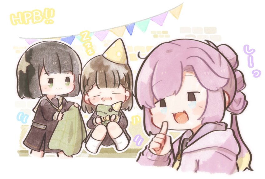 3girls :3 :d ahoge anyoji_hime black_hair blanket blonde_hair blue_eyes blunt_bangs blunt_ends bob_cut braid brown_dress brown_hair center-flap_bangs closed_mouth colored_tips commentary_request dress drooling facing_viewer finger_to_mouth gentaro_(g_teall) green_eyes happy_birthday hasu_no_sora_school_uniform hat holding holding_blanket hood hooded_jacket index_finger_raised jacket kachimachi_kosuzu link!_like!_love_live! long_hair long_sleeves looking_at_another looking_at_viewer love_live! medium_dress momose_ginko mouth_drool multi-tied_hair multicolored_hair multiple_girls neckerchief open_clothes open_jacket open_mouth party_hat pink_hair pink_jacket pleated_dress ponytail sailor_collar sailor_dress school_uniform short_hair shushing side_ahoge side_braids sidelocks sleeping sleeping_upright sleeves_past_wrists smile straight_hair string_of_flags stuffed_dinosaur swept_bangs translation_request virtual_youtuber white_sailor_collar winter_uniform yellow_hat yellow_neckerchief zzz