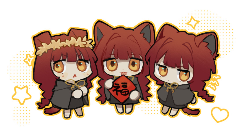 3girls :3 :d animal_ears black_cape black_robe braid cape cat_ears cat_girl cat_tail chibi chibi_only chinese_commentary clone commentary_request d: fata_morgana_no_yakata head_wreath long_hair morgana_(fata_morgana_no_yakata) multiple_girls open_mouth orange_eyes red_hair robe scar scar_on_leg smile tail triangle_mouth twin_braids very_long_hair white_background yuer6350