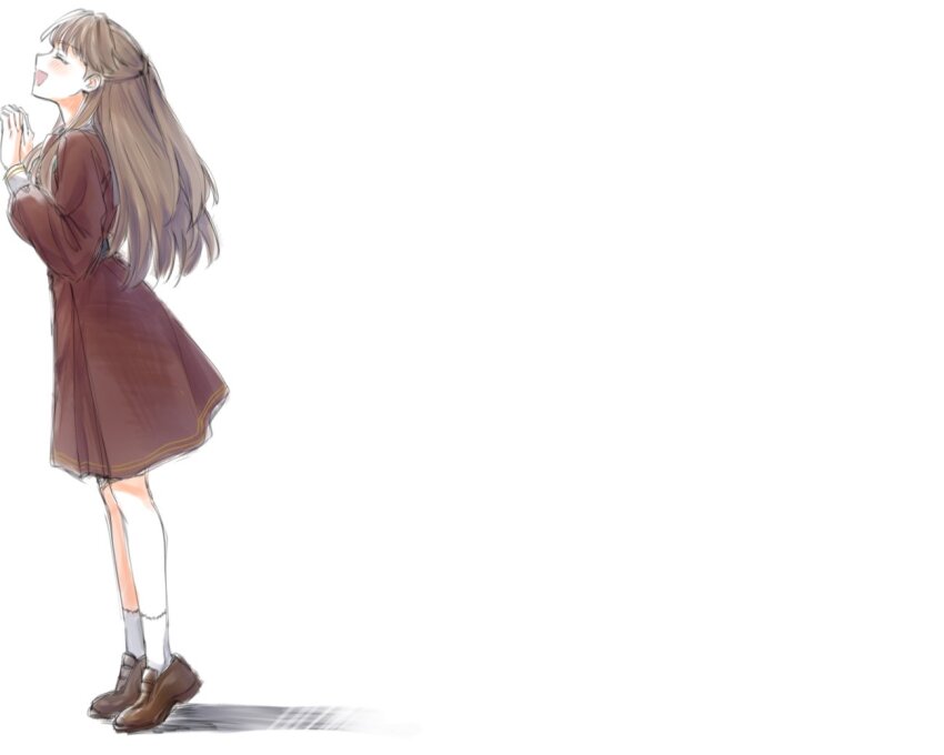 1girl :d ^_^ aqua_neckerchief blush brown_dress brown_hair brown_shoes closed_eyes dress fujishima_megumi full_body hands_up hasu_no_sora_school_uniform link!_like!_love_live! loafers long_hair long_sleeves love_live! medium_dress neckerchief negative_space open_mouth pleated_dress profile sailor_collar sailor_dress school_uniform shadow shoes simple_background smile socks solo tiptoes two_side_up virtual_youtuber white_background white_sailor_collar white_socks winter_uniform zenma_trang