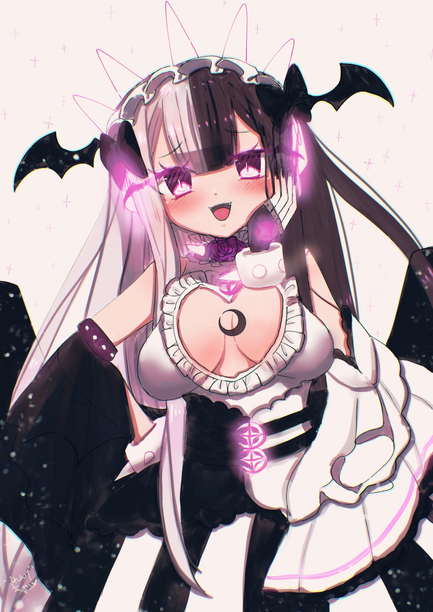 1girl absurdres beatmania_(series) beatmania_iidx bemani black_bow black_gloves black_hair black_skirt black_wings blunt_bangs blush bow breast_tattoo breasts breasts_apart cleavage_cutout clothing_cutout commentary_request cowboy_shot crescent_tattoo double-parted_bangs fangs fingerless_gloves flower flower_brooch gloves grey_hair hair_bow hand_on_own_cheek hand_on_own_face head_wings heart_cutout highres long_hair looking_at_viewer low_wings medium_breasts multicolored_hair open_mouth purple_flower purple_rose renge_moyashi rose shirt sidelocks simple_background skirt sleeveless sleeveless_shirt smile solar_eclipse_(bemani) solo split-color_hair tattoo two-tone_skirt white_background white_shirt white_skirt wings