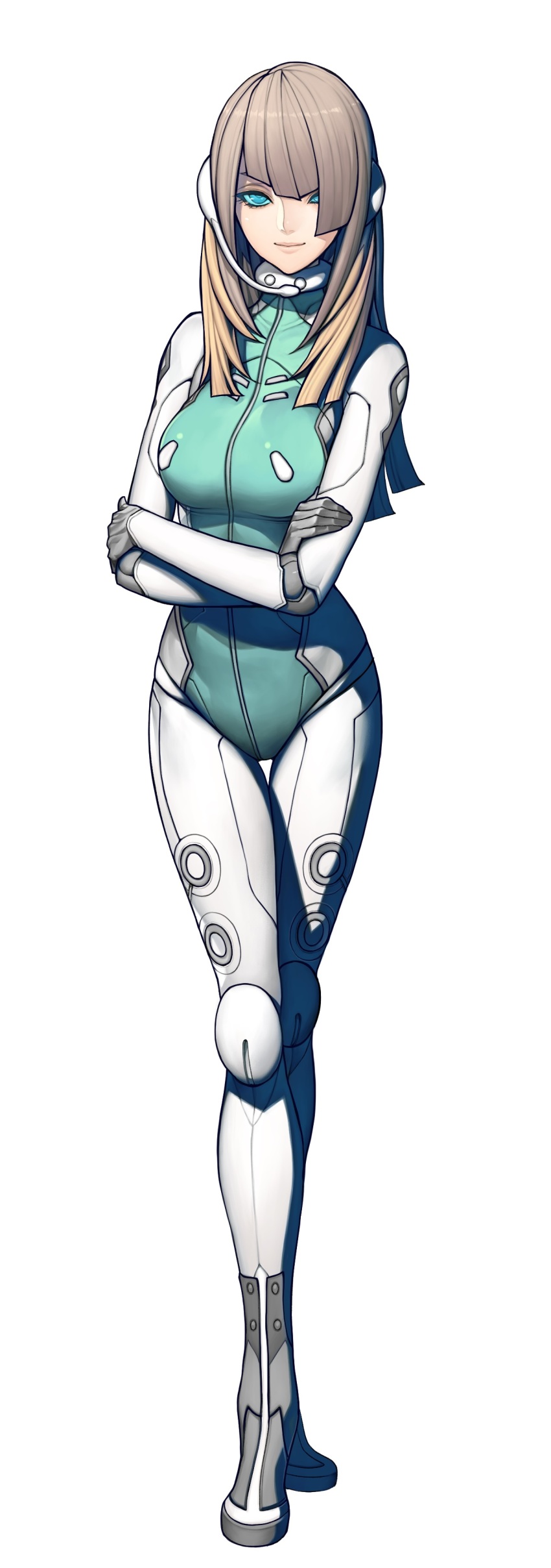 1girl absurdres blonde_hair blue_eyes bodysuit breasts character_request crossed_arms female_focus full_body hair_between_eyes headset highres lips long_hair looking_at_viewer medium_breasts metal_max metal_max_xeno oda_non official_art simple_background skin_tight smile solo standing turtleneck white_background