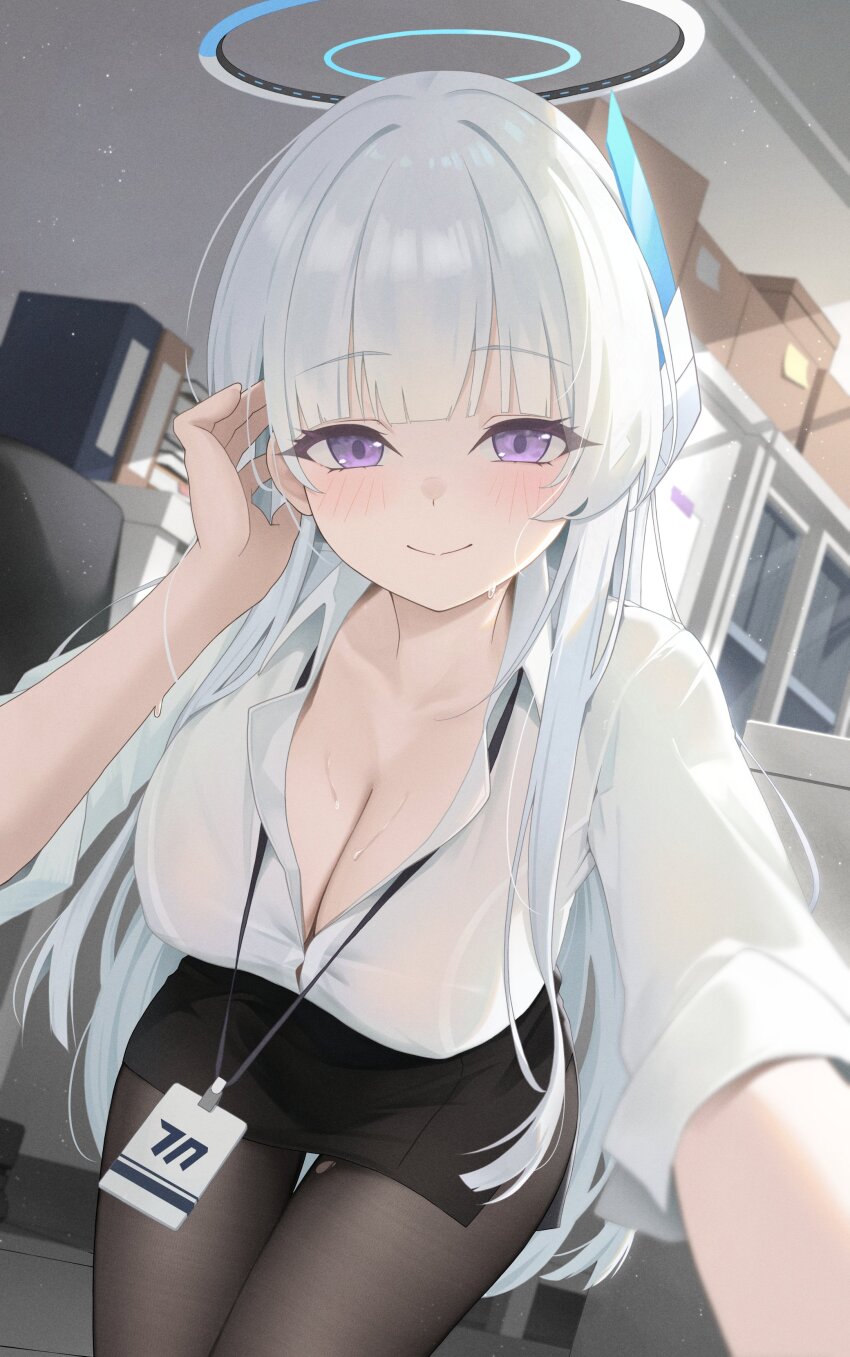 1girl absurdres black_pantyhose black_skirt blue_archive blush box breasts cleavage closed_mouth collared_shirt commentary_request day halo hand_up highres id_card indoors keikei_(kitty_colors) lanyard large_breasts leaning_forward long_hair long_sleeves looking_at_viewer noa_(blue_archive) pantyhose pencil_skirt purple_eyes shirt skirt smile solo sweat very_long_hair white_hair white_shirt