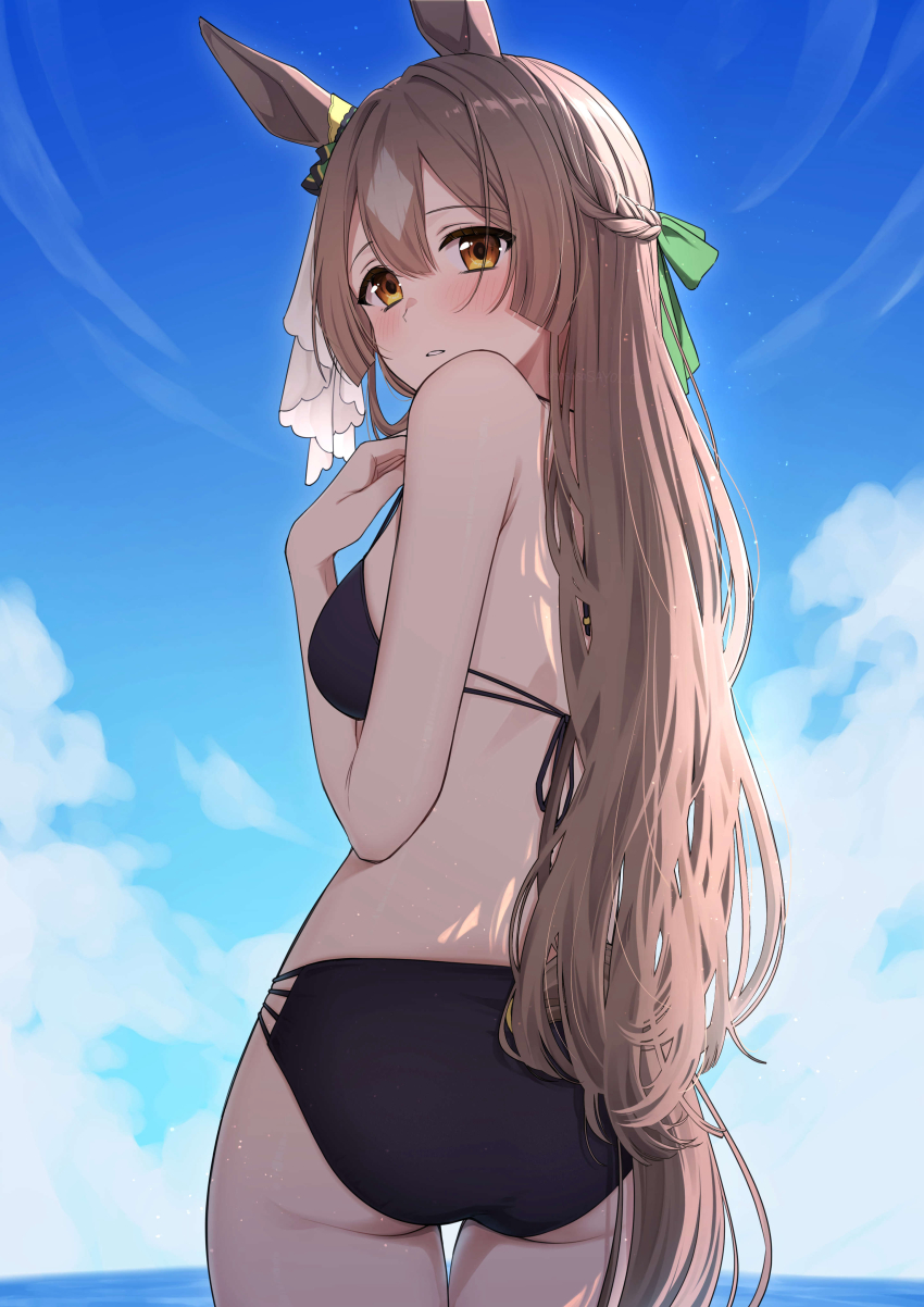 1girl absurdres animal_ears ass bare_shoulders bikini black_bikini blue_sky blush bow braid breasts brown_hair cloud day double-parted_bangs ear_ornament from_behind green_bow hair_bow highres horse_ears horse_girl horse_tail long_hair looking_at_viewer looking_back medium_breasts ocean orange_eyes outdoors parted_lips satono_diamond_(umamusume) sayosayo-0 sky solo swimsuit tail umamusume very_long_hair