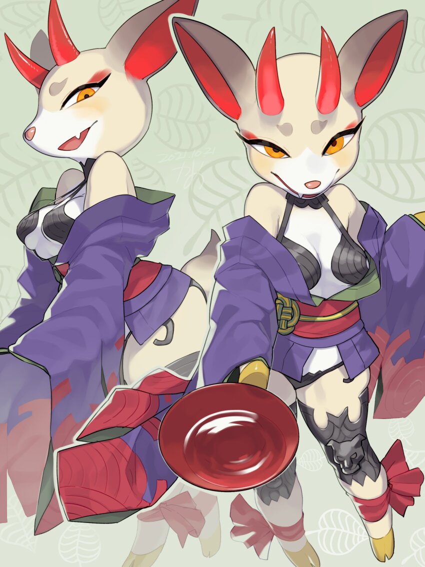 1girl absurdres alcohol animal_crossing animal_ears ankle_bow ankle_ribbon bare_shoulders black_eyeliner body_fur bow breasts cosplay cup dated deer_ears deer_girl deer_tail eyeliner eyeshadow fang fate/grand_order fate_(series) full_body furry furry_female green_background highres hikimayu holding holding_cup hooves horns japanese_clothes kame_(3t) kimono leaf_print leg_armor long_sleeves makeup medium_breasts multiple_views nintendo obi obijime off_shoulder open_mouth print_background purple_kimono red_bow red_eyeshadow red_horns red_sash revealing_clothes ribbon sakazuki sake sash shino_(animal_crossing) short_kimono shuten_douji_(fate) shuten_douji_(fate)_(cosplay) signature smile strap_gap tail wide_sleeves yellow_eyes