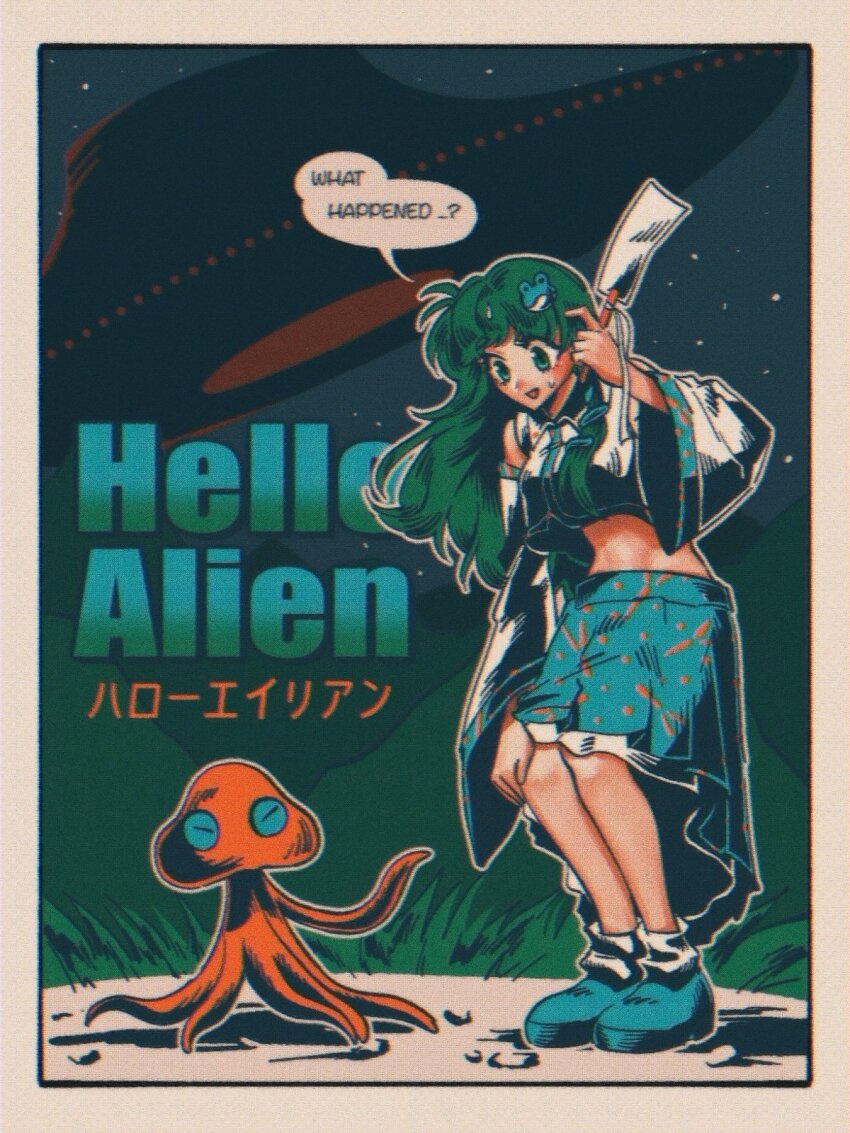 1girl 1other alien antenna_hair aqua_shoes bare_shoulders blue_skirt breasts collared_shirt commentary crossover detached_sleeves dialogue_box dot_nose english_commentary english_text frilled_skirt frills frog_hair_ornament gohei grass green_eyes green_hair hair_ornament highres holding holding_gohei kochiya_sanae loafers long_hair long_sleeves looking_at_another mars_people medium_breasts mememedama10 metal_slug midriff patterned_clothing pleated_skirt print_skirt shirt shoes single_sidelock skirt skirt_set sleeveless sleeveless_shirt snake_hair_ornament socks space star_(sky) sweatdrop touhou triangle_mouth ufo white_socks wide_sleeves wing_collar