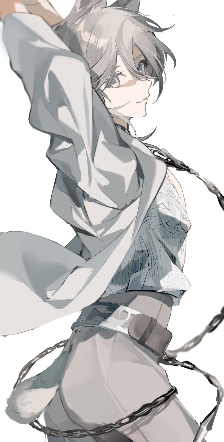 1boy absurdres ameinu animal_ears arms_up belt chain cowboy_shot from_side grey_eyes grey_hair hair_between_eyes highres jacket long_sleeves looking_at_viewer male_focus original pants shirt short_hair smile solo tail white_background