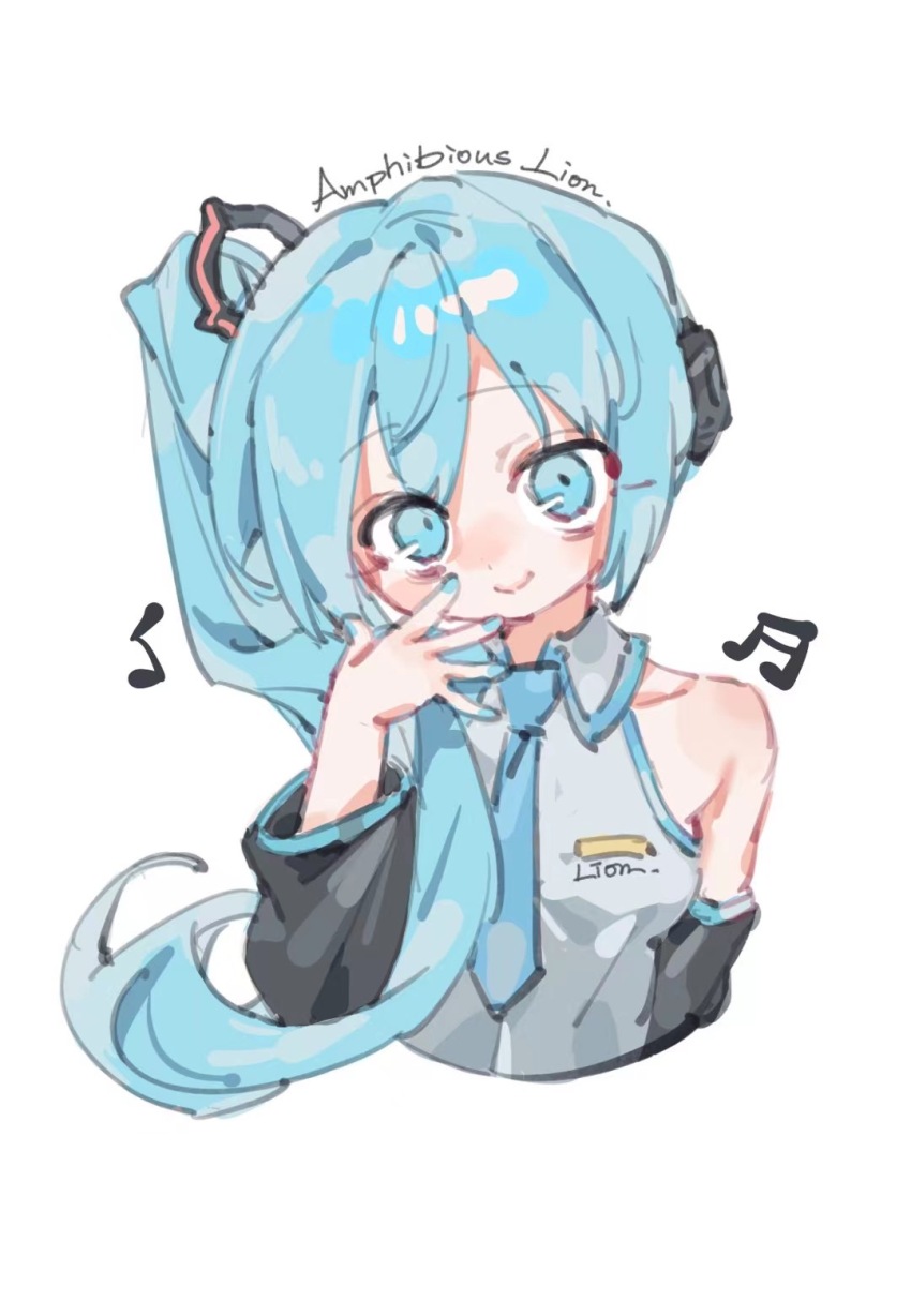 1girl bare_shoulders black_sleeves blue_eyes blue_hair blue_nails blue_necktie breast_pocket chinese_commentary closed_mouth collarbone collared_shirt commentary_request cropped_torso detached_sleeves grey_shirt hair_between_eyes hair_ornament hand_on_own_cheek hand_on_own_face happy hatsune_miku hatsune_miku_(noodle_stopper) headphones highres liangqi_shi light_blush long_hair long_sleeves meme musical_note nail_polish necktie pocket shirt side_ponytail sidetail_miku_noodle_stopper_(meme) signature simple_background sleeveless sleeveless_shirt smile solo very_long_hair vocaloid white_background
