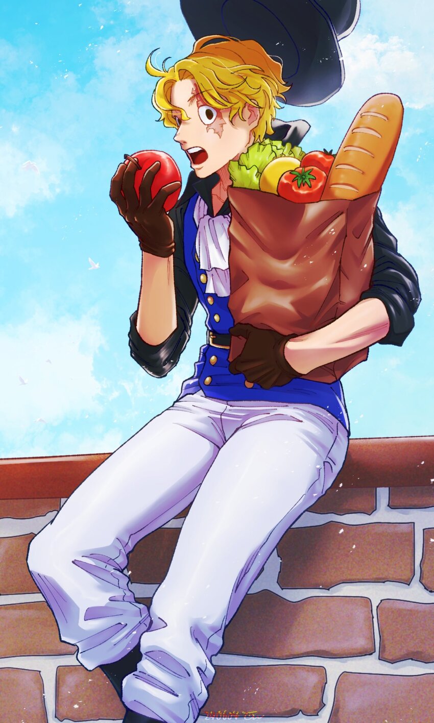 1boy ascot bag black_hat blonde_hair blue_sky bread brown_gloves commentary_request food gloves groceries grocery_bag hat highres holding holding_food lettuce looking_at_viewer male_focus one_piece open_mouth sabo_(one_piece) scar scar_on_face shopping_bag short_hair sitting sky solo tagawa_jiro tomato white_ascot